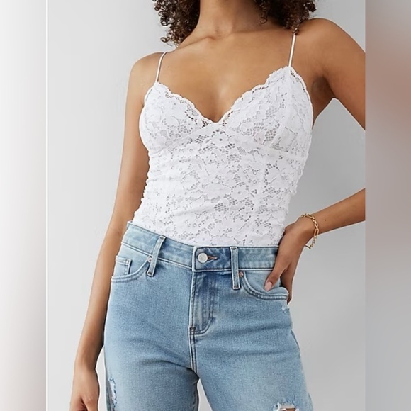 Express Tops - Express Allover Lace Thong White Bodysuit Medium NWOT Beautiful!!